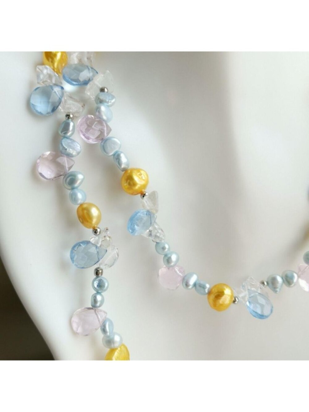 Freshwater Pearl and Crystal Rope Necklace Blue and Yellow 46" 🆕 - Picture 8 of 8